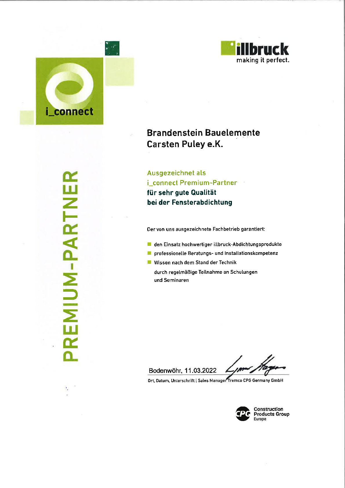 Brandenstein Zertifikat Fensterabdichtung Vorschaubild von Dokument: Brandenstein Zertifikat Fensterabdichtung